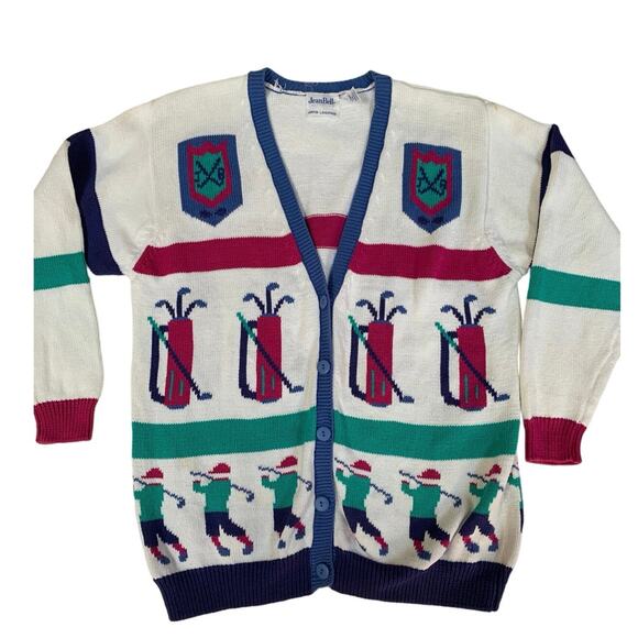 Vintage JeanBell Hand Loomed Knit Cardigan Golf Theme Small Medium - Picture 1 of 7